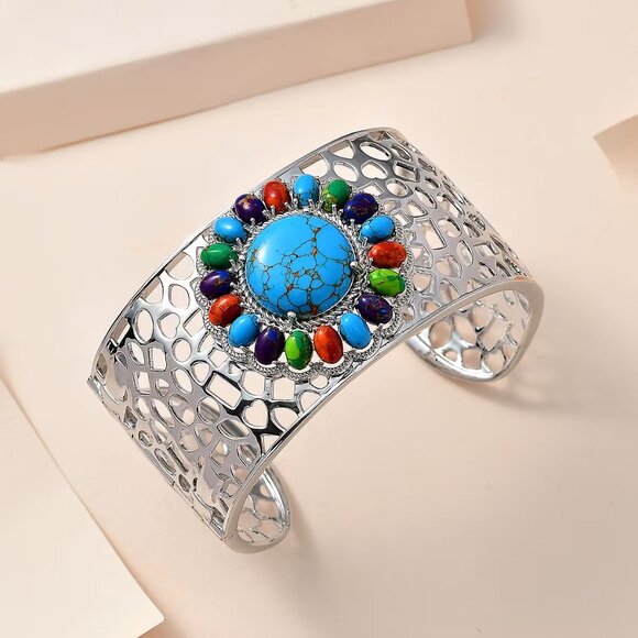 Mojave Multi Color Turquoise Gemstone Cuff Bracelet in Platinum Bond NWT - Picture 7 of 7